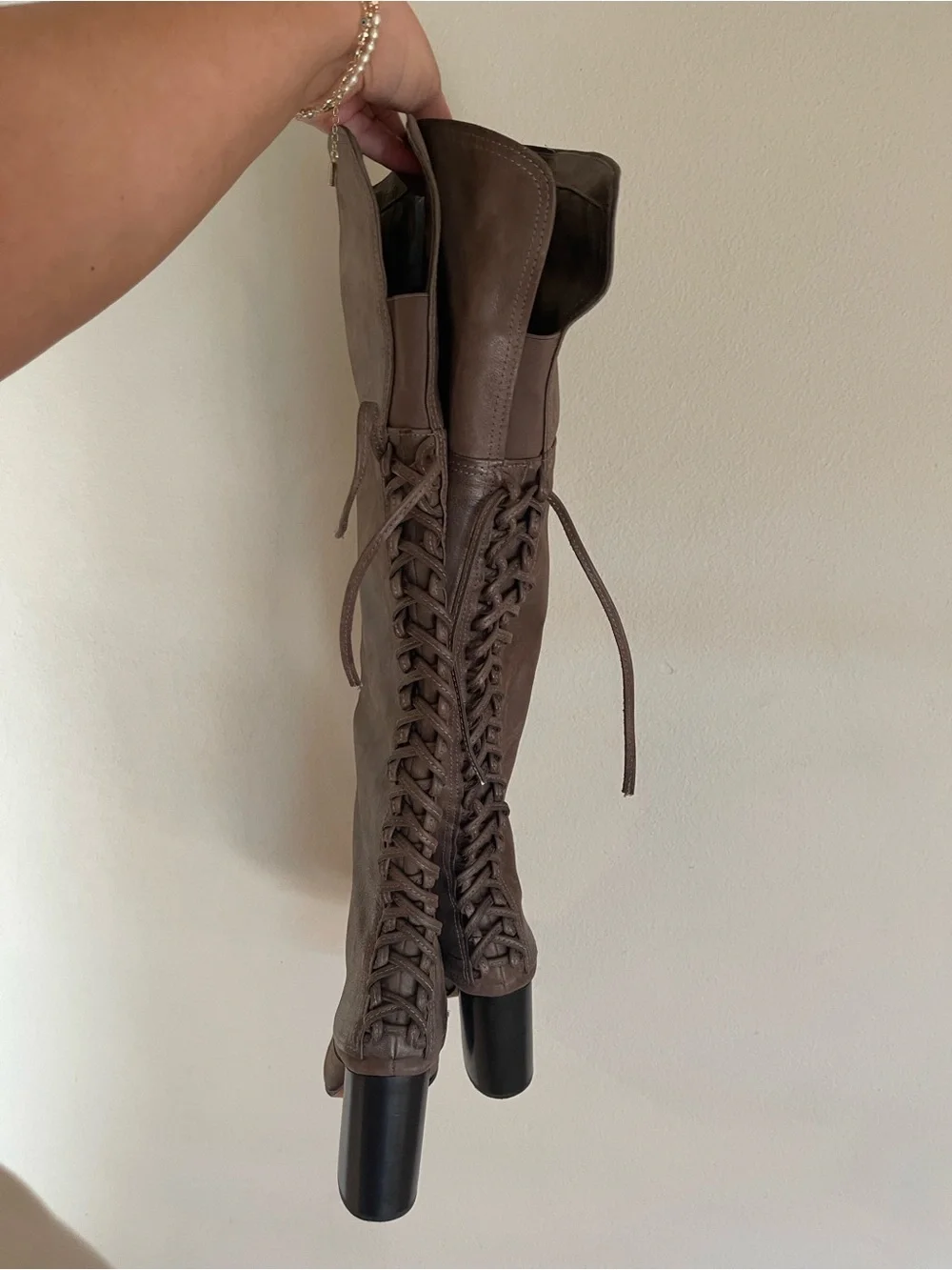 Vince Camuto Women's Knee-High Lace-Up Leather Boots Gray